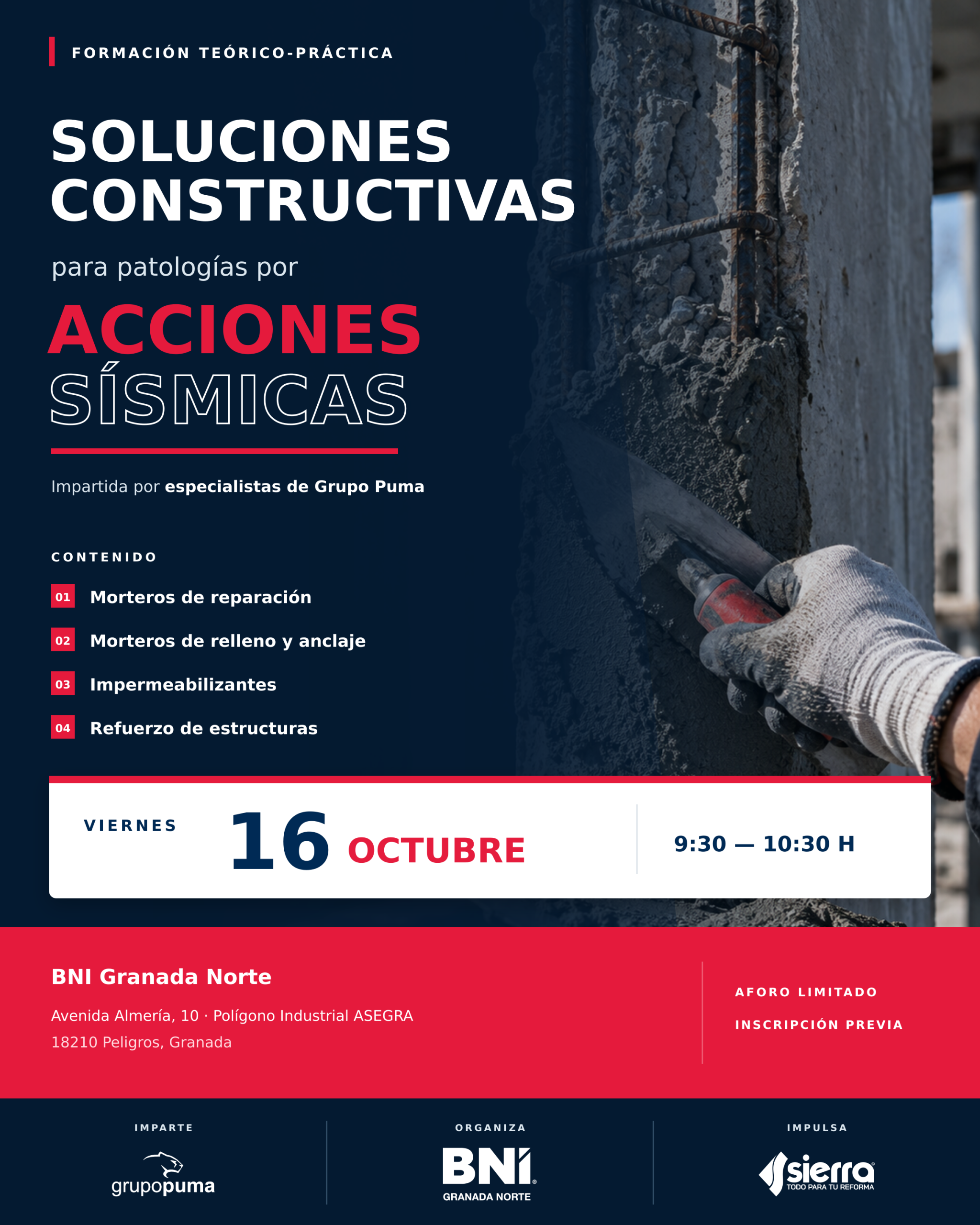 Afiche completo de la formación de Grupo Puma, organizada por BNI Granada Norte e impulsada por Sierra Materiales